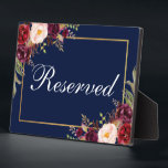 Floral Burgundy Blue Wedding Reserved 5x7 Table Plaque<br><div class="desc">Watercolor Floral Burgundy Marsala Blue Gold Wedding Reserved 5x7 Table Plaque</div>