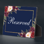 Floral Burgundy Blue Wedding Reserved 5x7 Table Plaque<br><div class="desc">Watercolor Floral Burgundy Marsala Blue Gold Wedding Reserved 5x7 Table Plaque</div>