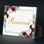 Floral Burgundy Blue Wedding Reserved 5x7 Table Plaque<br><div class="desc">Watercolor Floral Burgundy Marsala Blue Gold Wedding Reserved 5x7 Table Plaque</div>
