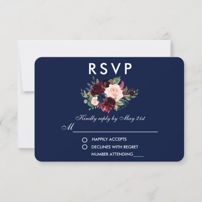 Floral Burgundy Blue Wedding RSVP Card (Front)