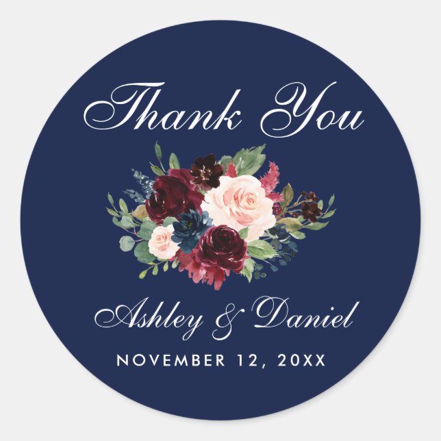 Floral Burgundy Blue Wedding Thank You Classic Round Sticker (Front)