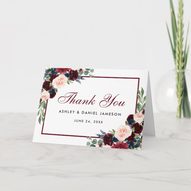 Floral Burgundy Blue Wedding Thanks Fold Card (Front)
