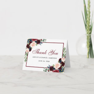 Floral Burgundy Blue Wedding Thanks Note Card