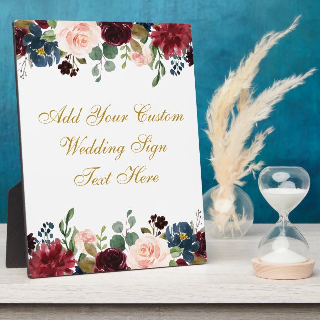 Floral Burgundy Blue Wedding Your Text Table Plaque (Side)