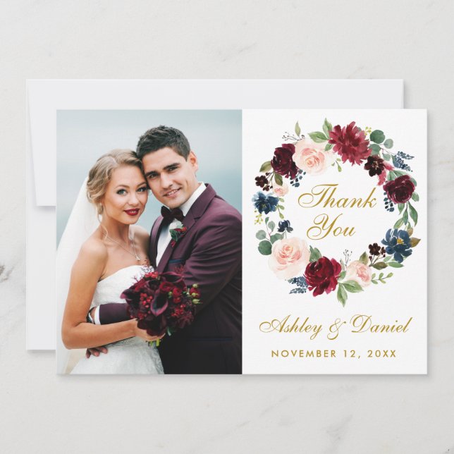 Floral Burgundy Blue Wreath Wedding Gold Thanks B Thank You Card (Front)