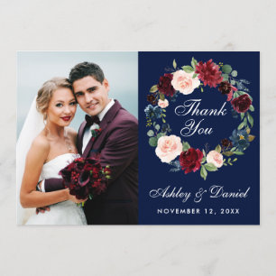 Floral Burgundy Blue Wreath Wedding Photo Thanks B Thank You Card