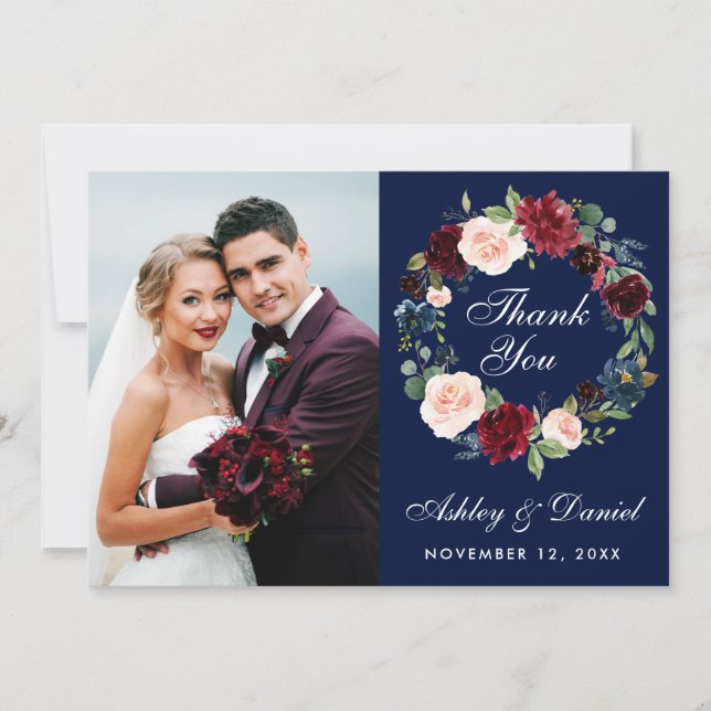 Floral Burgundy Blue Wreath Wedding Photo Thanks B Thank You Card (Front)