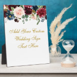 Floral Burgundy Blue Your Text Wedding Table Plaque<br><div class="desc">Watercolor Floral Burgundy Marsala Blue Gold Wedding Your Text Table Plaque</div>