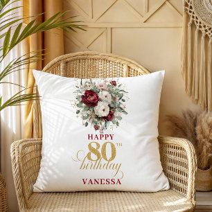 Floral Burgundy Blush 80th Birthday Name Pillow