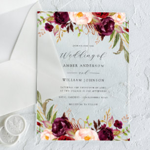 Floral Burgundy Blush Bloom Wedding   Acrylic Invitations
