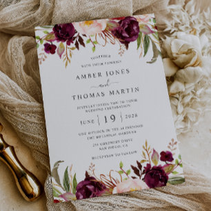 Floral Burgundy Blush Blooming Wedding   Invitation