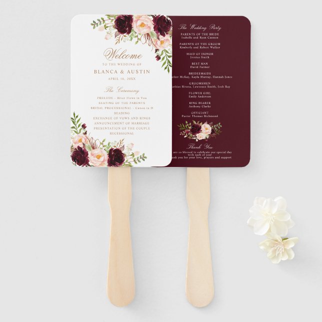 Floral Burgundy Blush Elegant Gold Wedding Program Hand Fan (Front and Back)