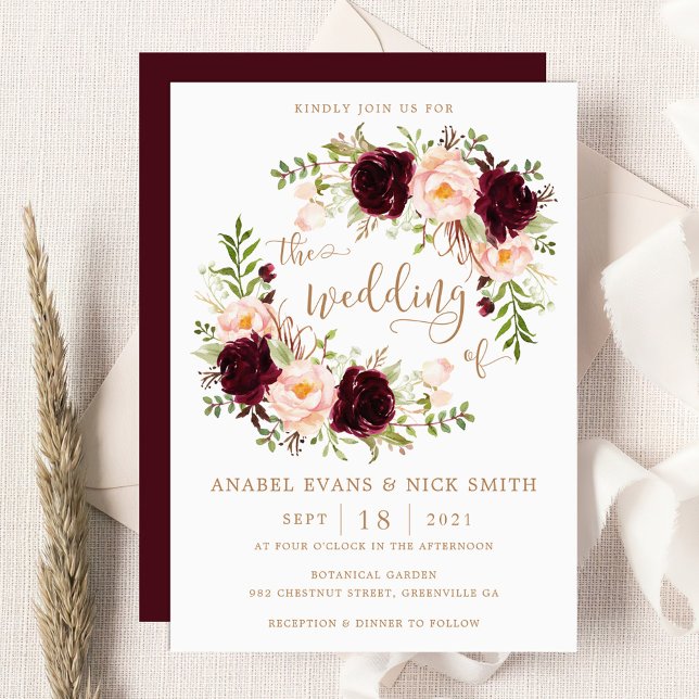 Floral Burgundy Blush Elegant Typography Wedding Invitation (Creator Uploaded)
