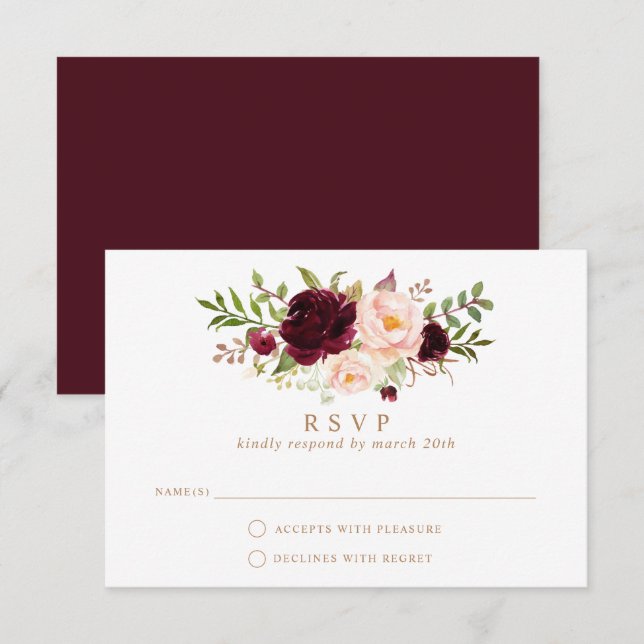 Floral Burgundy Blush Elegant Wedding RSVP Respond Invitation (Front/Back)