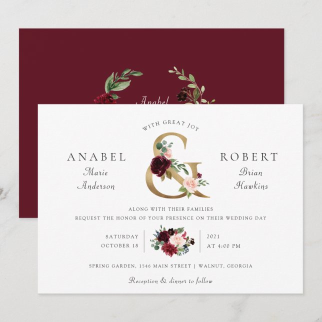 Floral Burgundy Blush Gold Ampersand Typography Invitation (Front/Back)