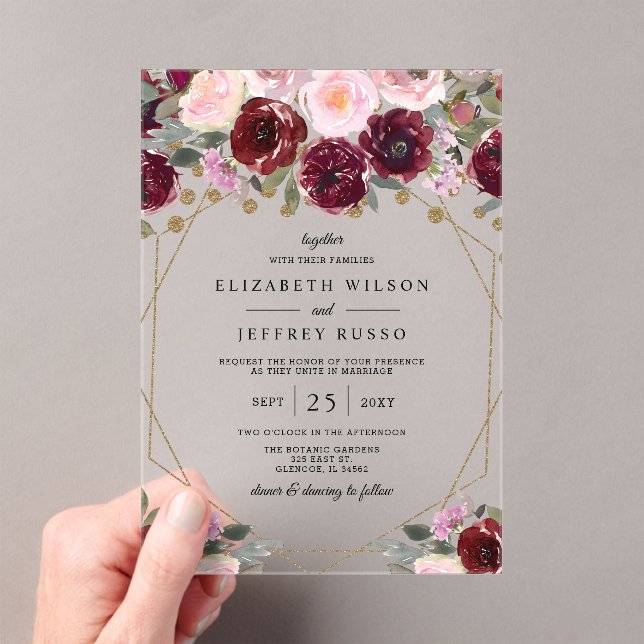 Floral Burgundy Blush Gold Geometric Wedding  Acrylic Invitations (Insitu (Handheld))