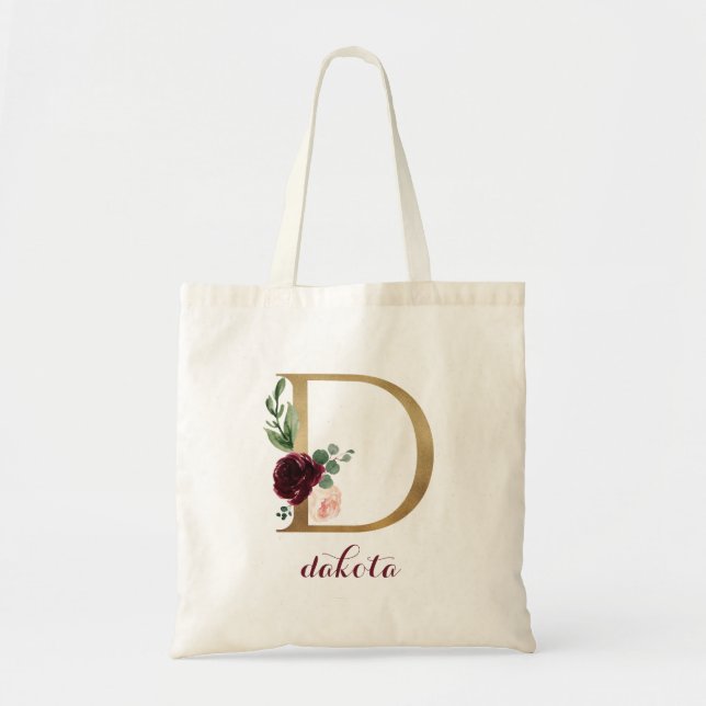 Floral Burgundy Blush Gold Monogram Letter "D" Tote Bag (Front)