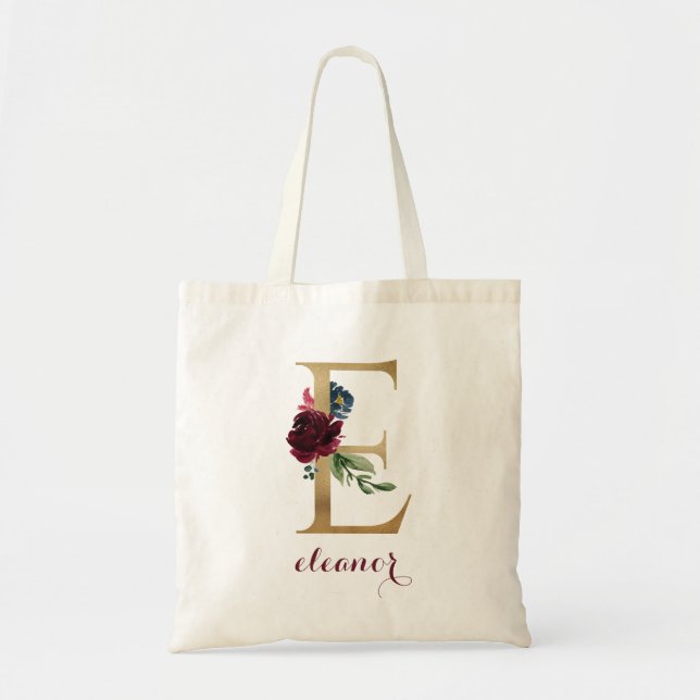 Floral Burgundy Blush Gold Monogram Letter "E" Tote Bag (Front)