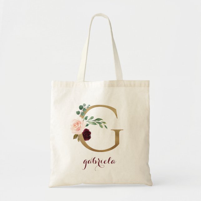 Floral Burgundy Blush Gold Monogram Letter "G" Tote Bag (Front)