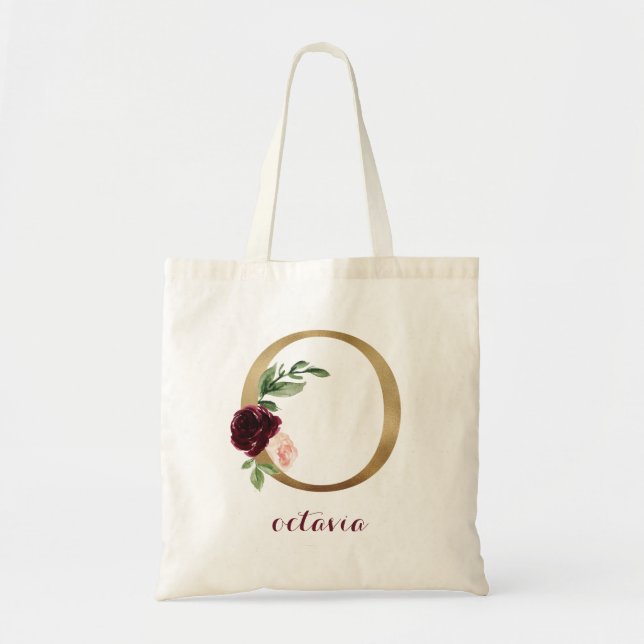 Floral Burgundy Blush Gold Monogram Letter "O" Tote Bag (Front)