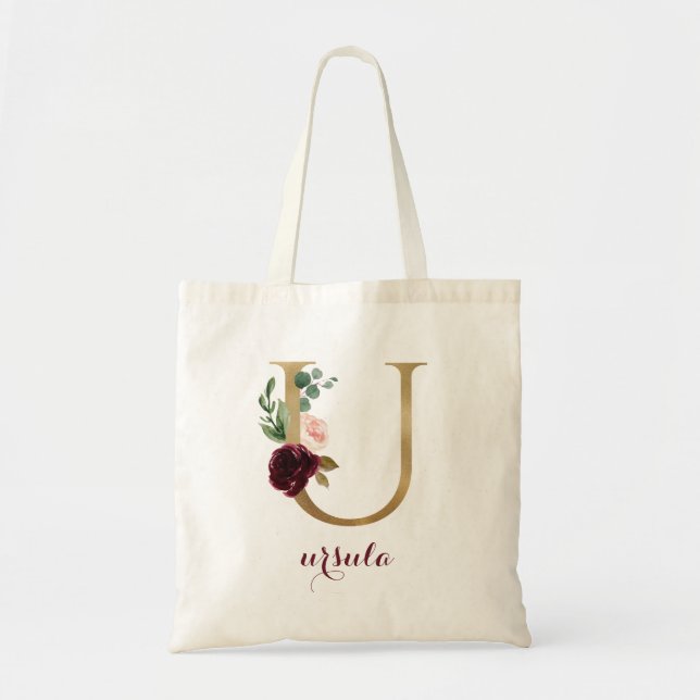 Floral Burgundy Blush Gold Monogram Letter "U" Tote Bag (Front)