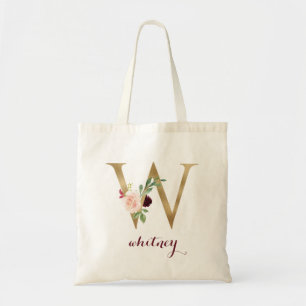 Floral Burgundy Blush Gold Monogram Letter "W" Tote Bag