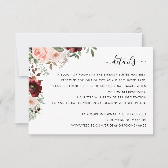 Floral Burgundy Blush Greenery Details Insert Invitation (Front)