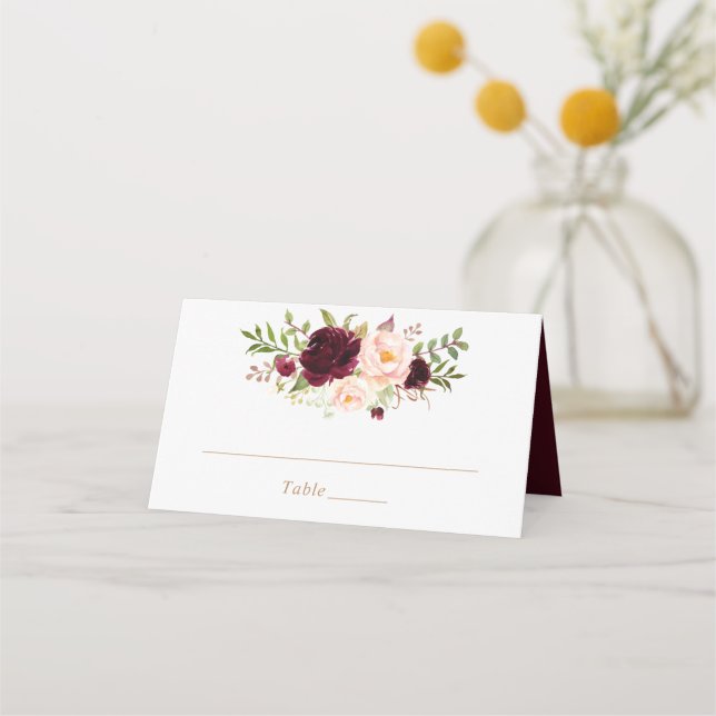 Floral Burgundy Blush Greenery Elegant Place Card (Front)