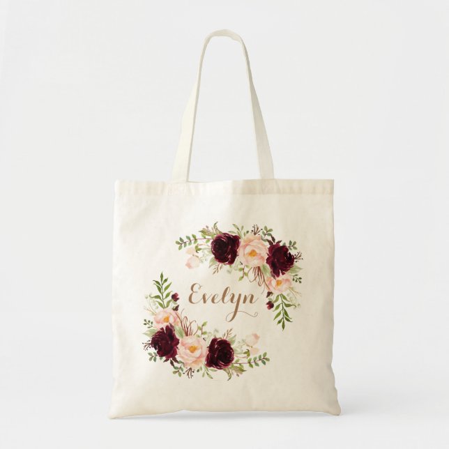 Floral Burgundy Blush Greenery Gold Personalised Tote Bag (Front)