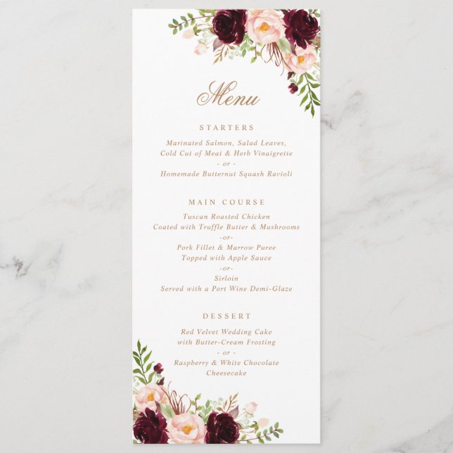 Floral Burgundy Blush Greenery Modern Minimal Menu (Front)