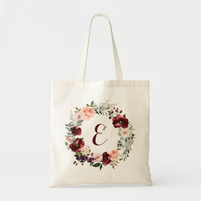 Floral Burgundy Blush Greenery Wreath Tote Bag (Front)