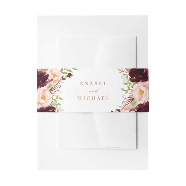 Floral Burgundy Blush Merlot Elegant Invitation Belly Band (Front Example)