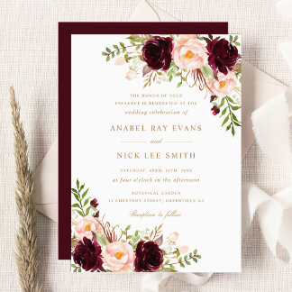 Floral Burgundy Blush Modern Elegant Wedding Invitation