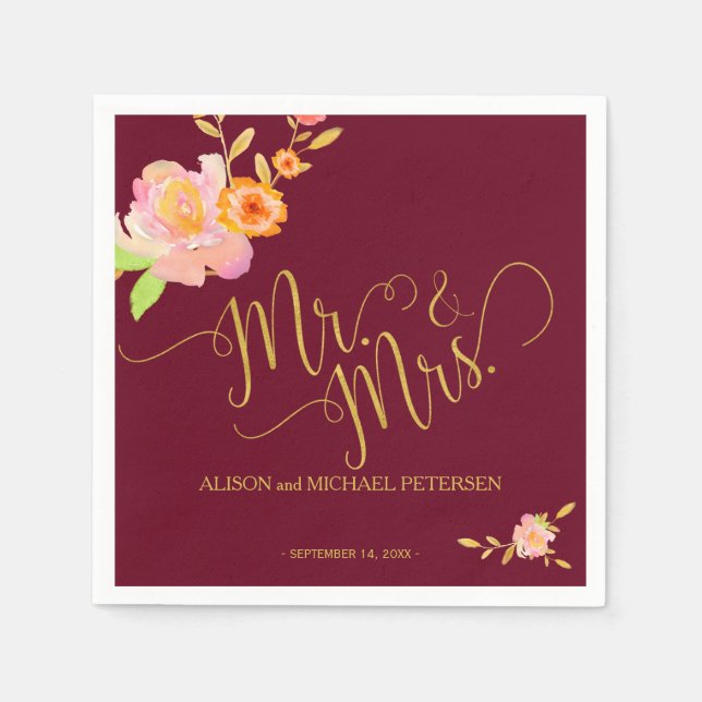 Floral burgundy blush mr and mrs wedding napkin (Front)