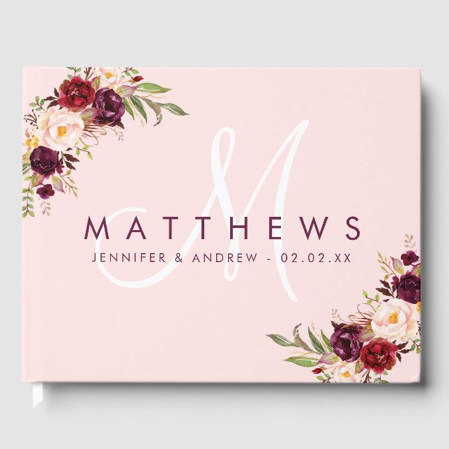 Floral Burgundy Blush Pink Modern Monogram Wedding Guest Book (Front)