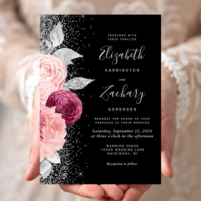 Floral Burgundy Blush Silver Glitter Black Wedding Invitation (Creator Uploaded)