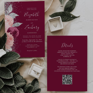 Floral Burgundy Blush Silver QR Code Wedding Invitation