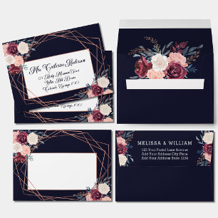 Floral Burgundy Blush Wedding Return Address Navy Envelope