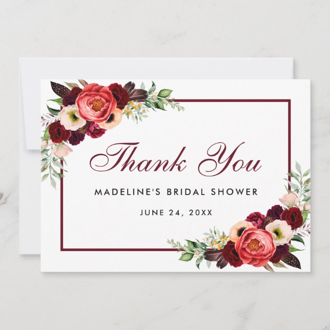Floral Burgundy Boho Bridal Shower Thanks Card B (Front)
