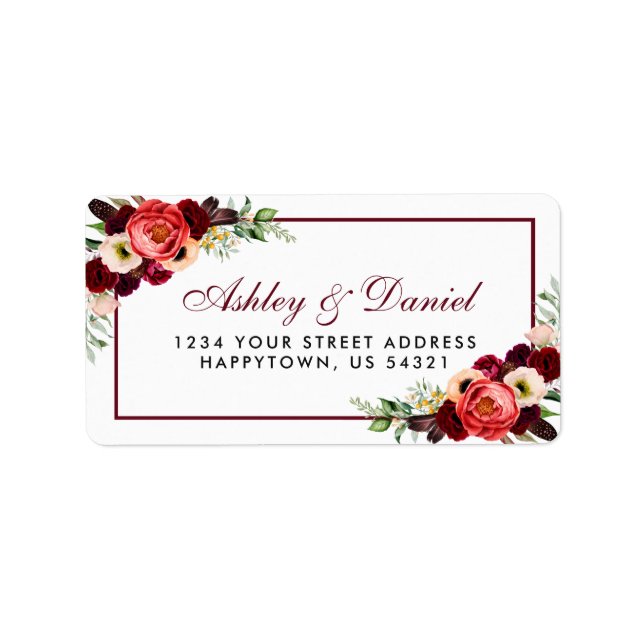 Floral Burgundy Boho Wedding Address Label (Front)