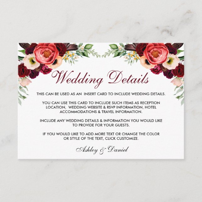 Floral Burgundy Boho Wedding Details Insert Card W (Front)