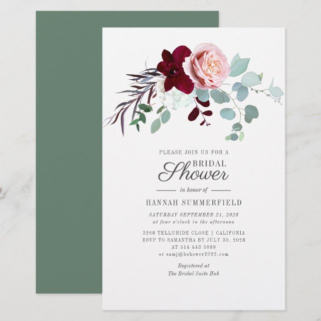 Floral Burgundy Botanical Bridal Shower Invitation Stationery (Front/Back)