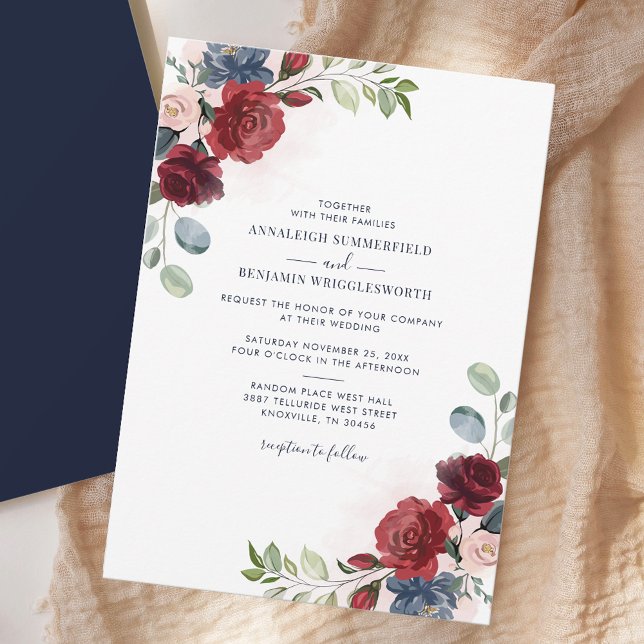 Floral Burgundy Botanical Greenery Wedding Invitation (Floral Botanical Burgundy Bloom Greenery Wedding Invitation)