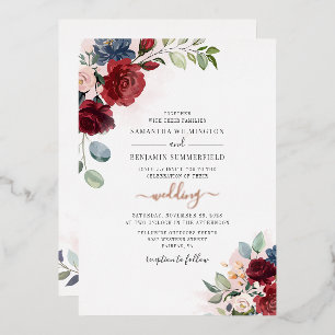 Floral Burgundy Botanical Script Wedding Rose Gold
