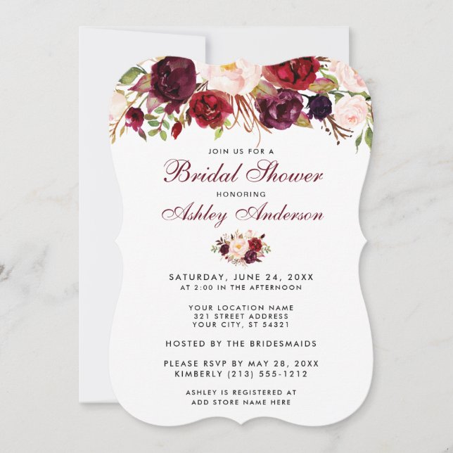 Floral Burgundy Bridal Shower Invitation BR (Front)