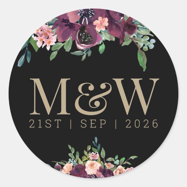 Floral Burgundy Bride Groom Monogram Gold Black Classic Round Sticker (Front)