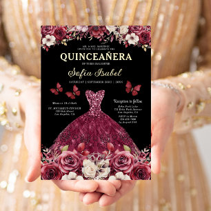 Floral Burgundy Butterfly Princess Quinceanera
