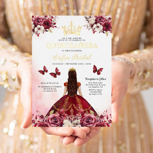 Floral Burgundy Butterfly Princess Quinceanera