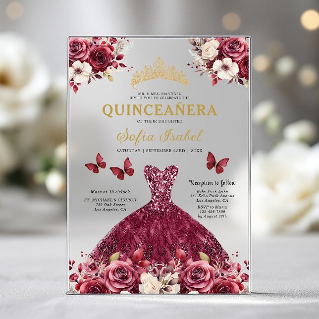 Floral Burgundy Butterfly Princess Quinceanera Acrylic Invitations (Creator Uploaded)