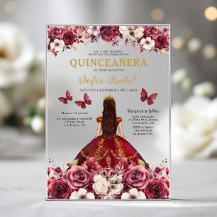 Floral Burgundy Butterfly Princess Quinceanera Acrylic Invitations